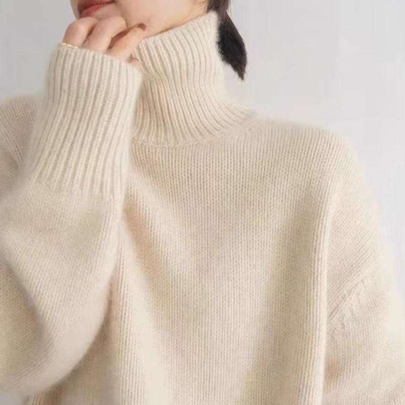 High Neck Knit Pullover Sweater with Thick Insulation and Relaxed Fit