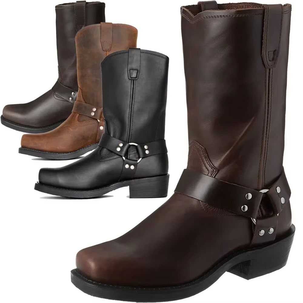 Mid Calf Western Boots with Slip-On Design and Retro Stitching for Men, Sizes 6-12