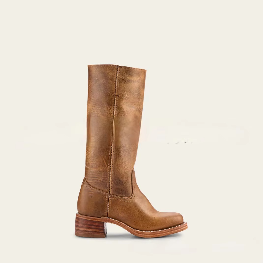 Womens Wide Calf Knee High Boots with Round Toe and Square Heel, Pull On Closure