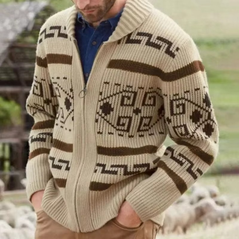 Jacquard Knit Cardigan with Shawl Collar and Full Length Zipper