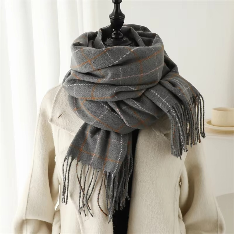 Plaid Winter Scarf with Tassel Fringe and Thick Woven Blend, 78in x 27in