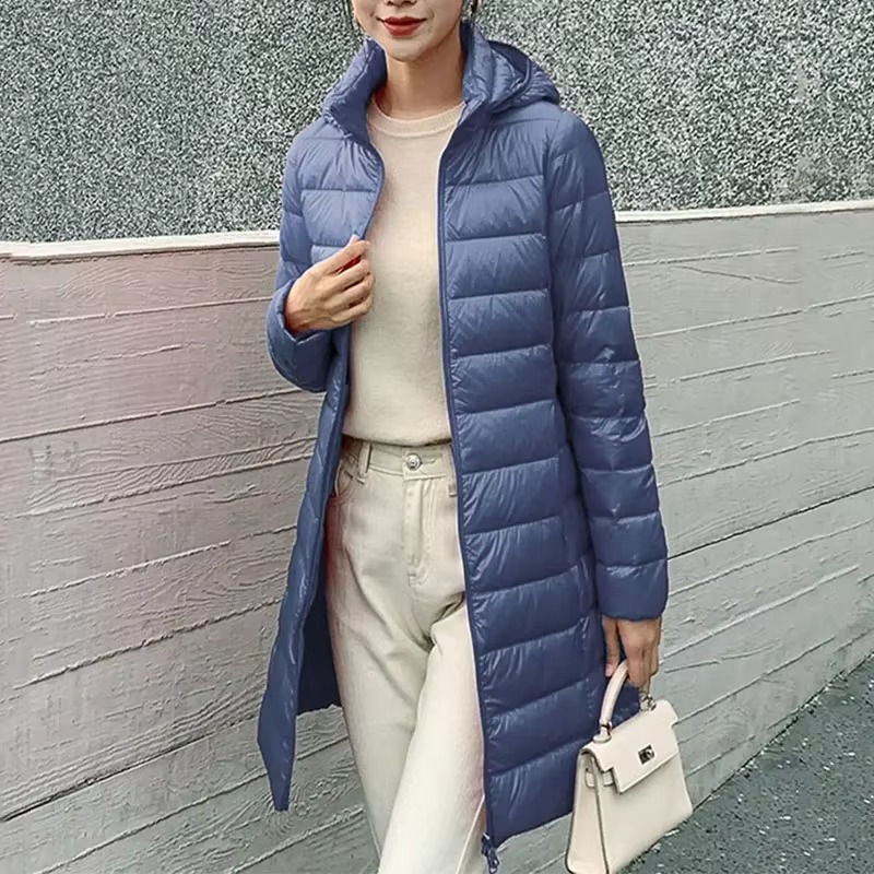 Womens Long Down Parka with Detachable Hood and Slim Fit