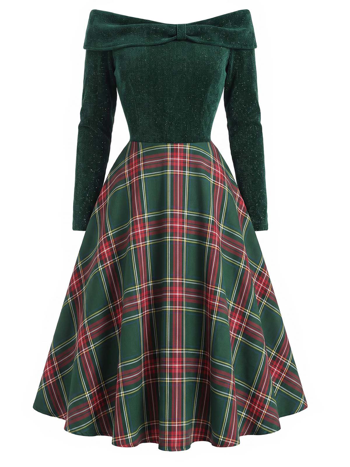 Red Tartan Dress with Off Shoulder Neckline and Concealed Side Zipper, Knee Length