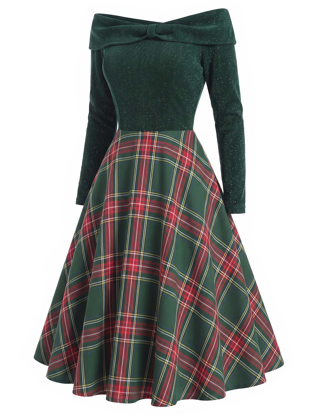 Red Tartan Dress with Off Shoulder Neckline and Concealed Side Zipper, Knee Length