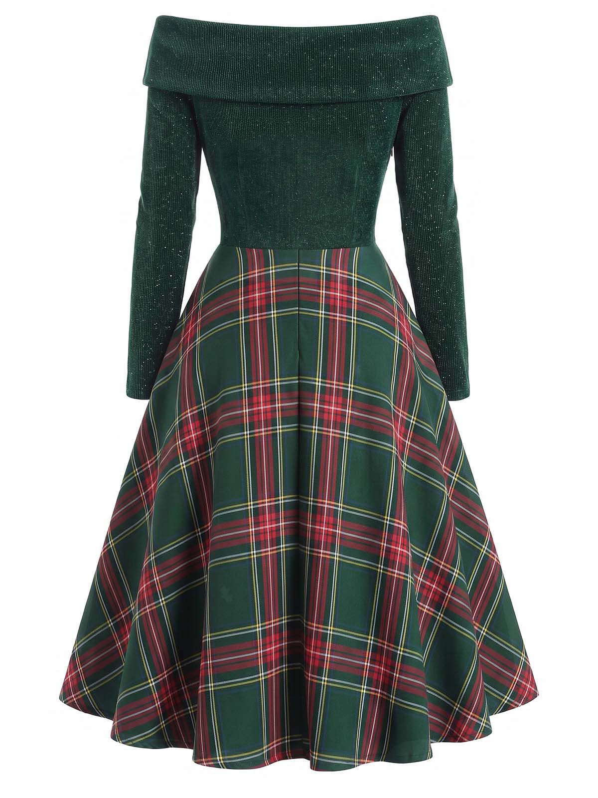 Red Tartan Dress with Off Shoulder Neckline and Concealed Side Zipper, Knee Length