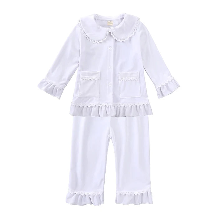 Children Holiday Pajama Set with Plaid Pants and Lace Collar
