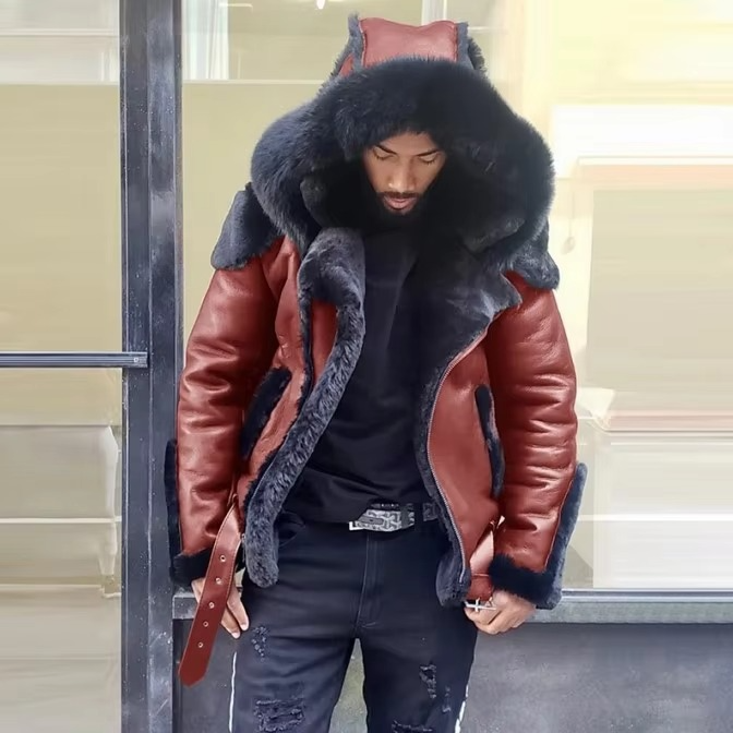 Mens Winter Coat with Wool Lining and Textured Collar, Wind Resistant