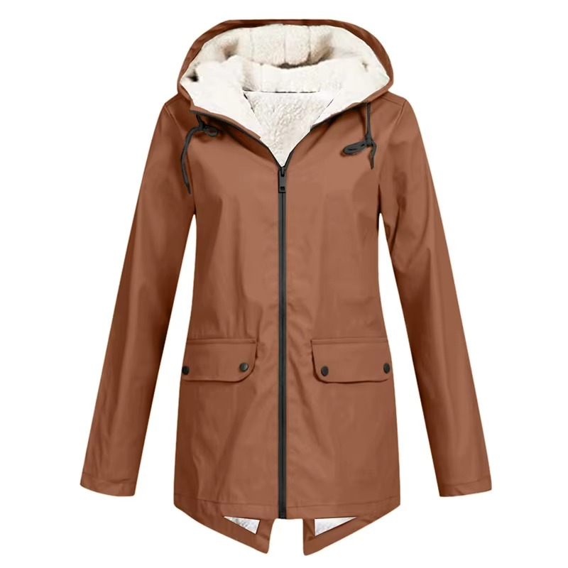 Womens Hooded Rain Jacket with Drawstring Hood and Optional Sherpa Lining