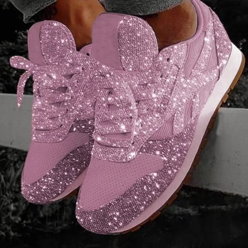 Womens Glitter Sneakers with Mesh Upper and Lace-Up Closure