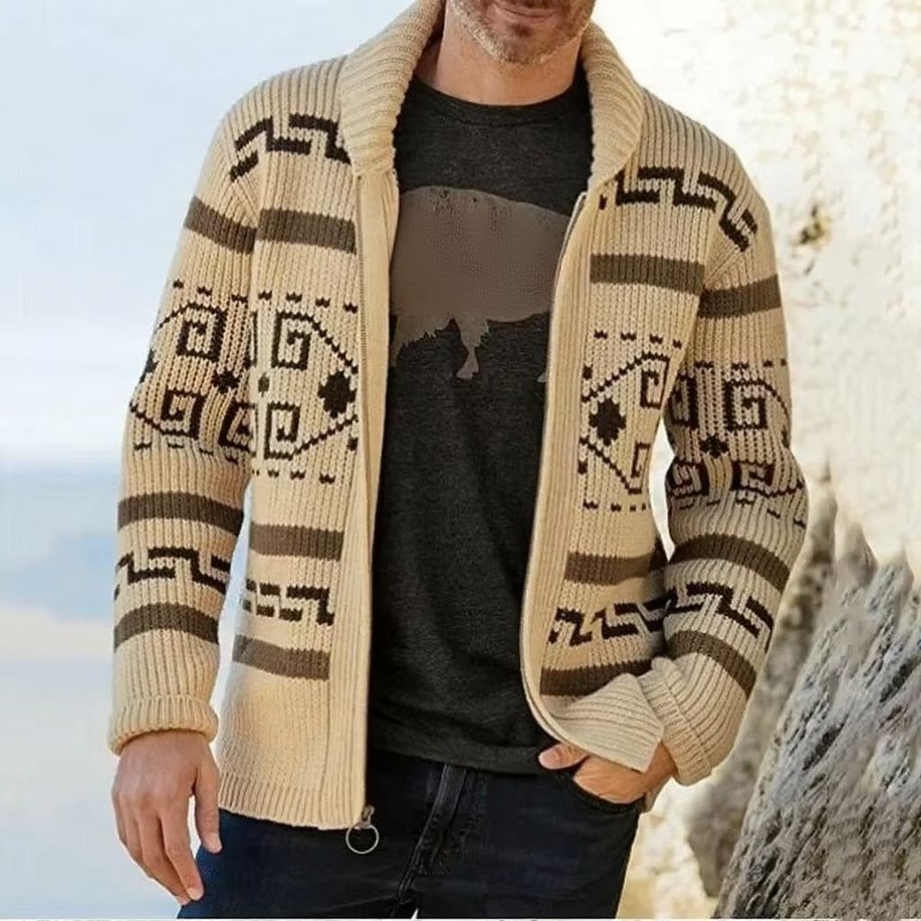 Jacquard Knit Cardigan with Shawl Collar and Full Length Zipper