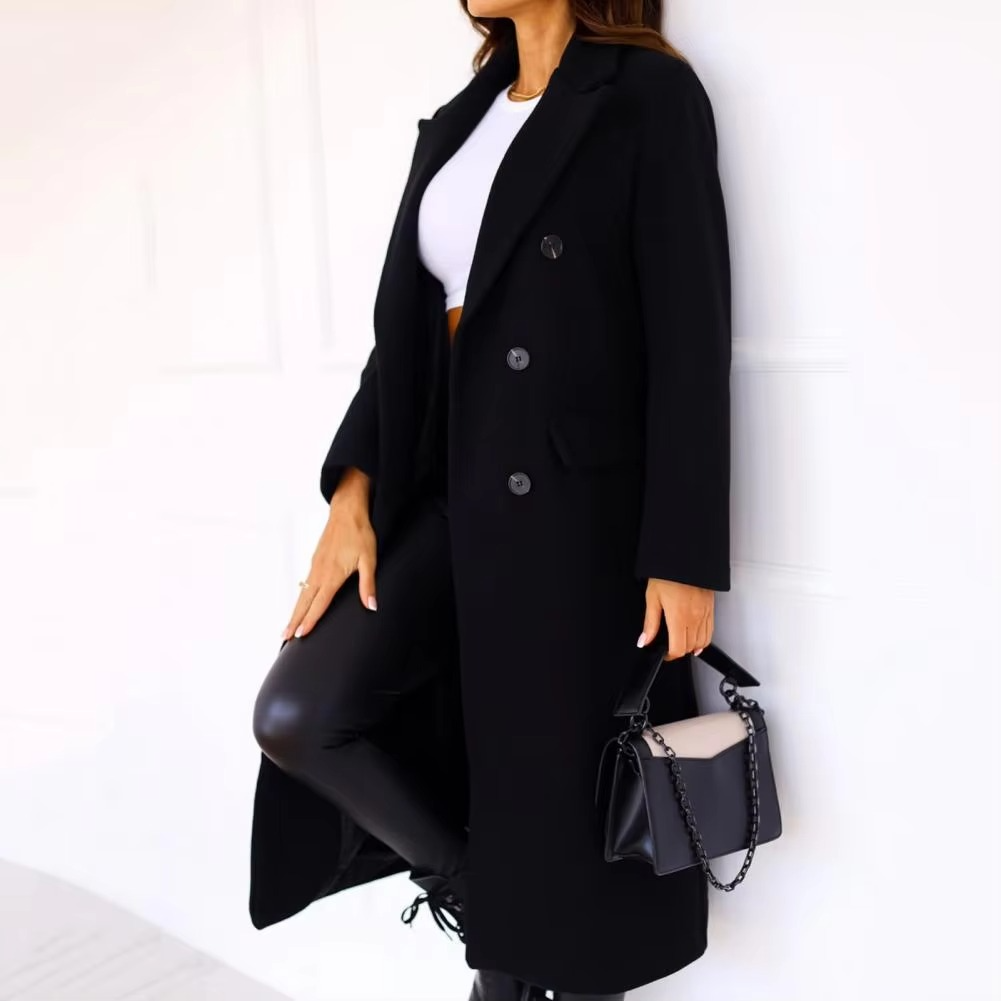 Double Breasted Mid Length Coat with Structured Lapel and Wrinkle Resistant Polyester Blend