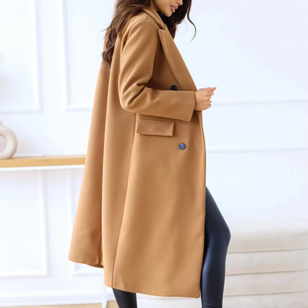 Double Breasted Mid Length Coat with Structured Lapel and Wrinkle Resistant Polyester Blend