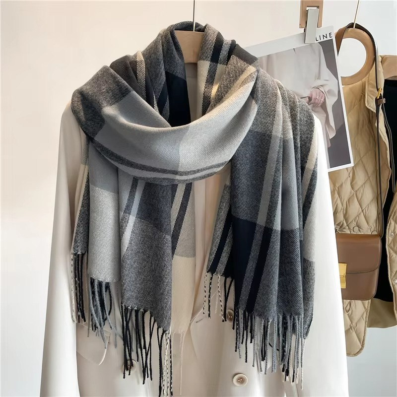 Plaid Winter Scarf with Tassel Fringe and Thick Woven Blend, 78in x 27in