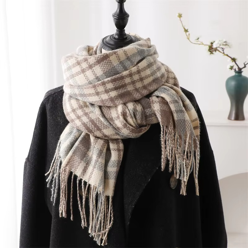 Plaid Winter Scarf with Tassel Fringe and Thick Woven Blend, 78in x 27in