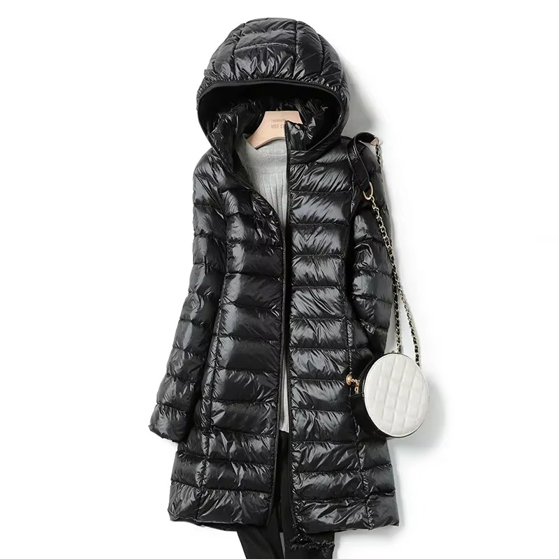 Womens Long Down Parka with Detachable Hood and Slim Fit