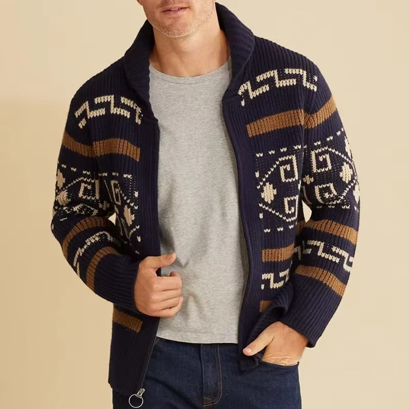 Jacquard Knit Cardigan with Shawl Collar and Full Length Zipper