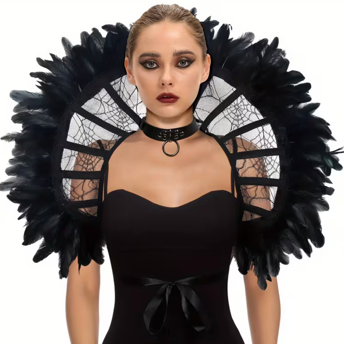 Gothic Lace Shoulder Cape with Bone and Feather Trim