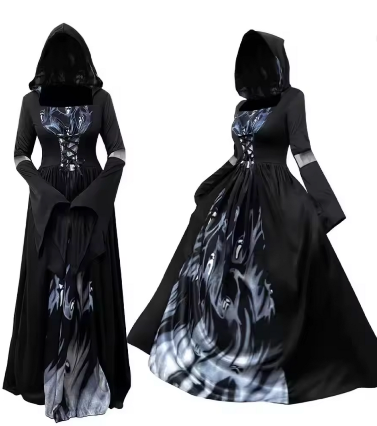 Black Witch Dress with Bell Sleeves and Fitted Waist