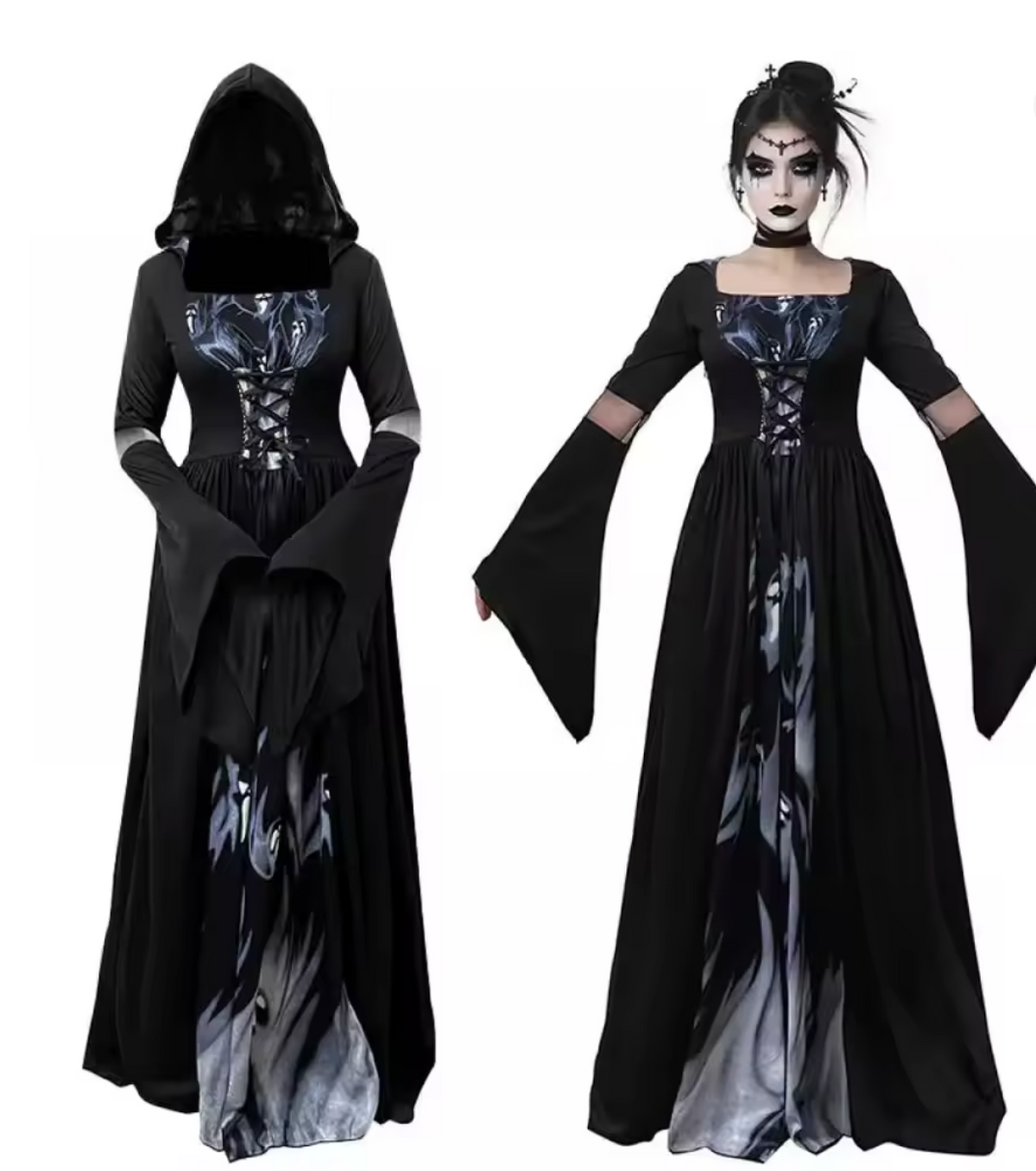 Black Witch Dress with Bell Sleeves and Fitted Waist