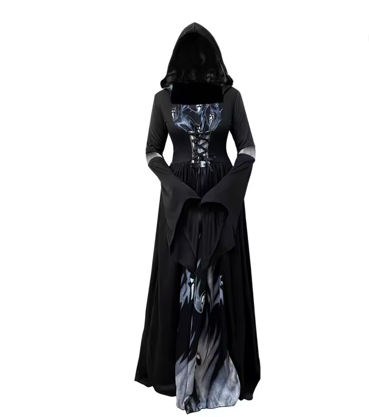 Black Witch Dress with Bell Sleeves and Fitted Waist
