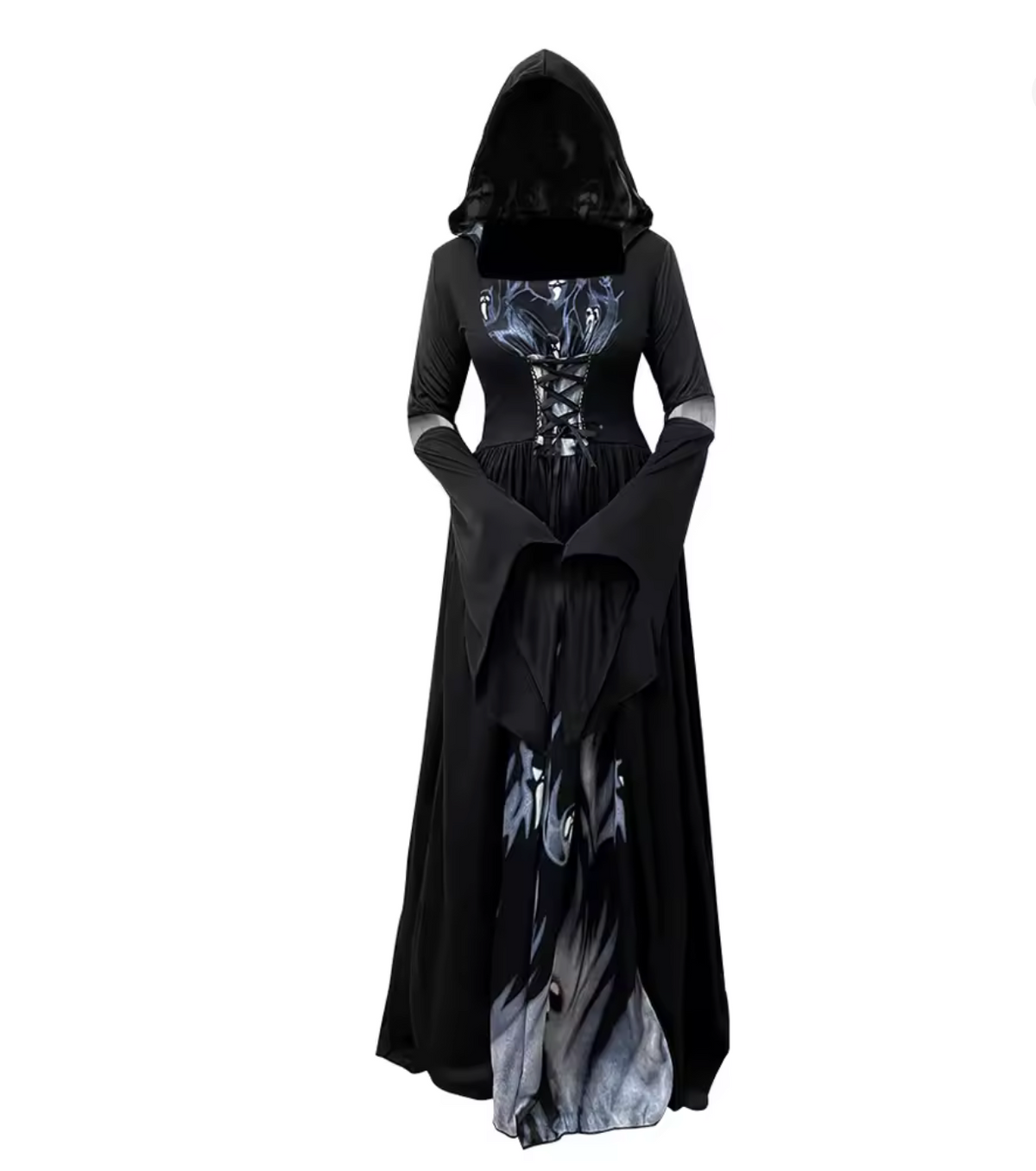 Black Witch Dress with Bell Sleeves and Fitted Waist