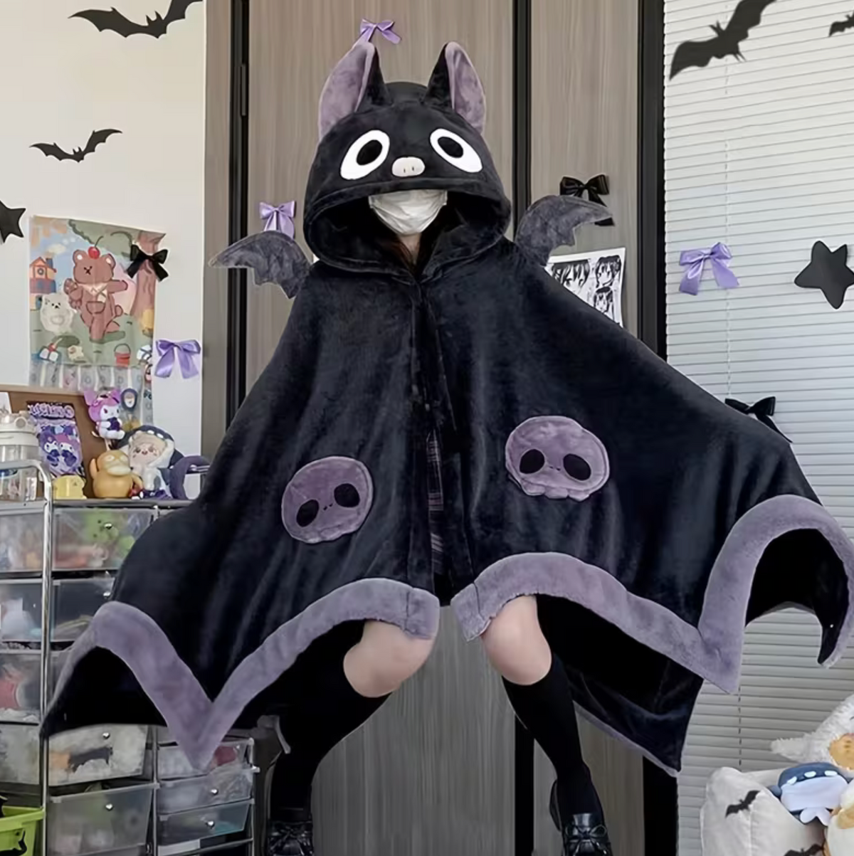Wearable Bat Wing Hoodie with Plush Fur and Extended Sleeves