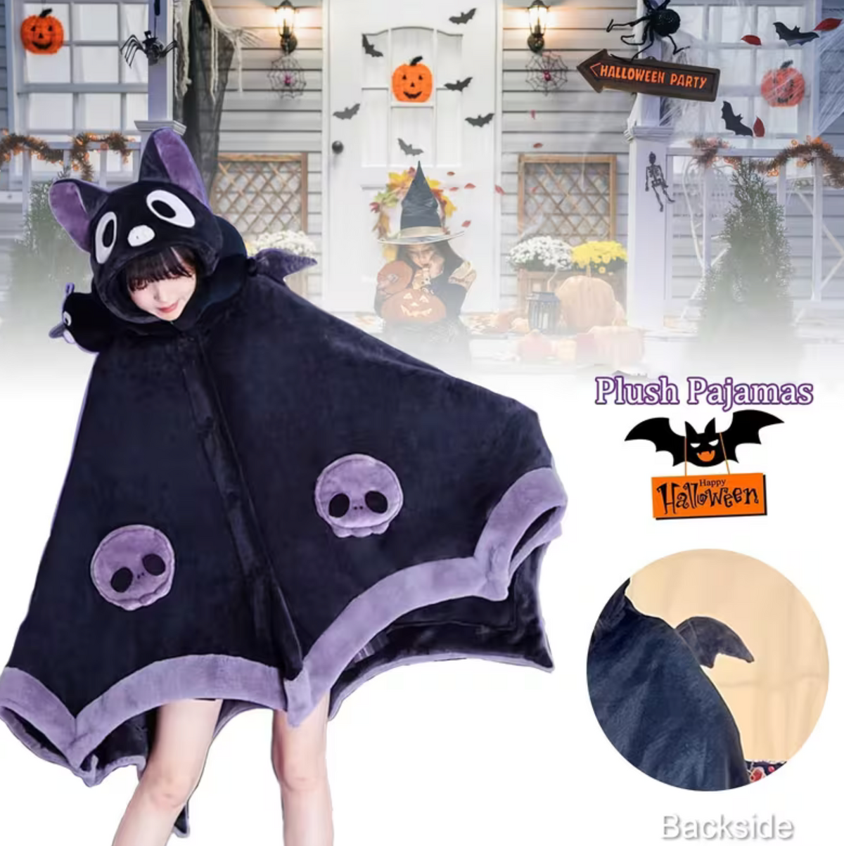 Wearable Bat Wing Hoodie with Plush Fur and Extended Sleeves