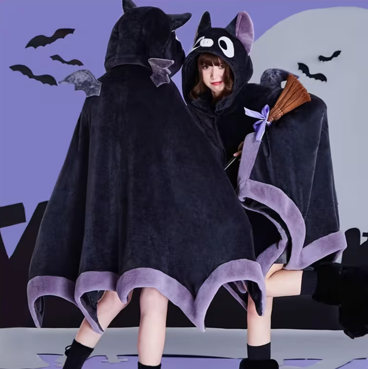 Wearable Bat Wing Hoodie with Plush Fur and Extended Sleeves