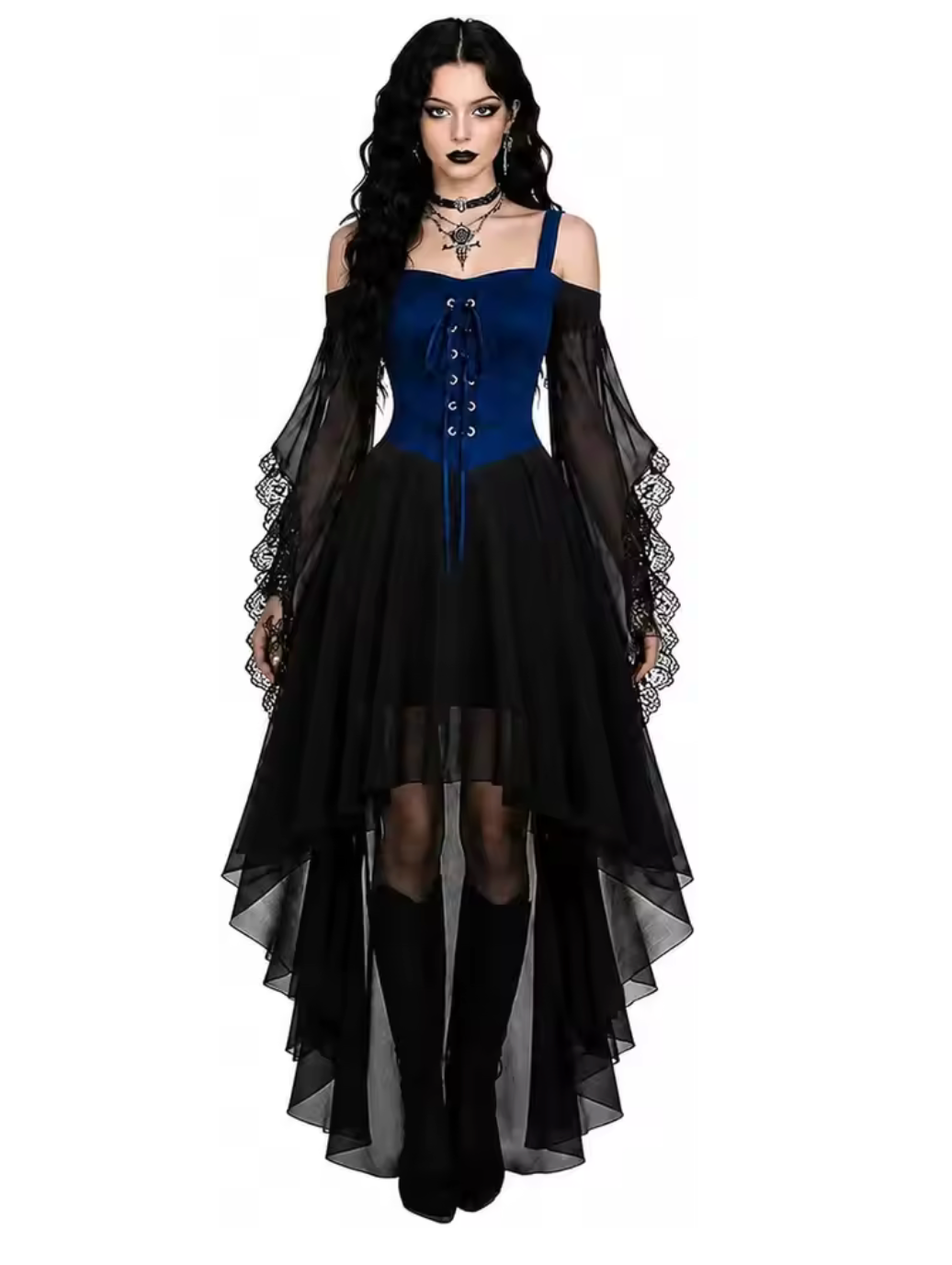 Medieval Gothic Witch Costume Dress with Flowing Butterfly Sleeves and Mesh Fabric