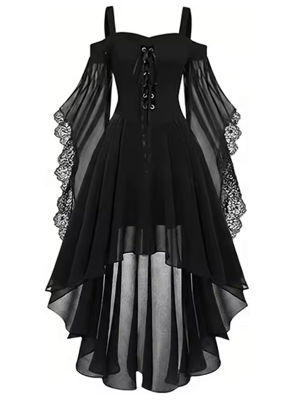 Medieval Gothic Witch Costume Dress with Flowing Butterfly Sleeves and Mesh Fabric