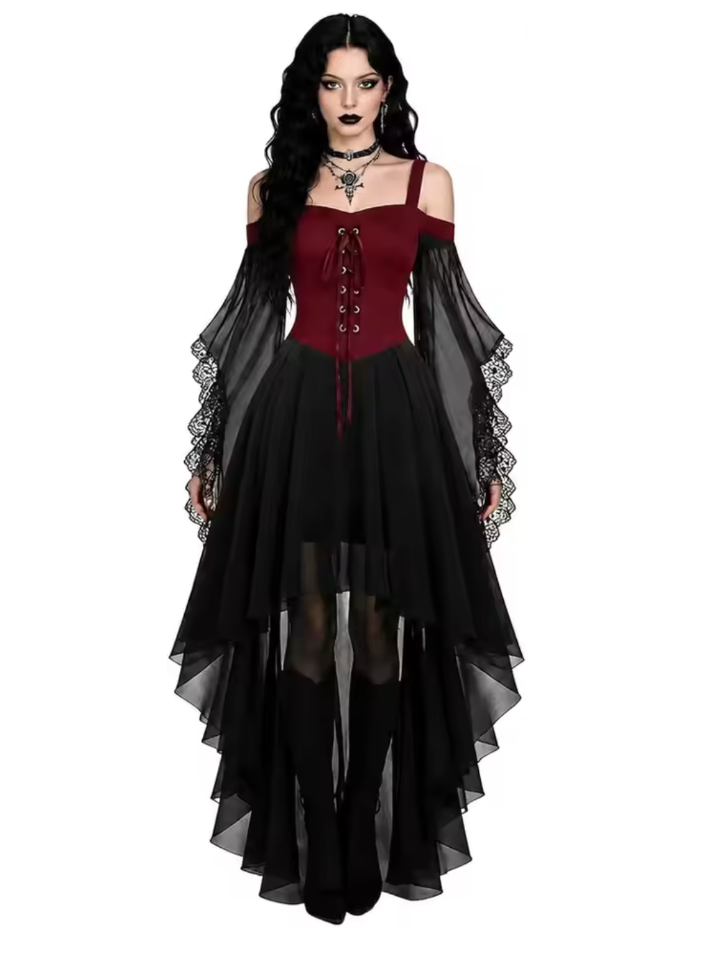 Medieval Gothic Witch Costume Dress with Flowing Butterfly Sleeves and Mesh Fabric