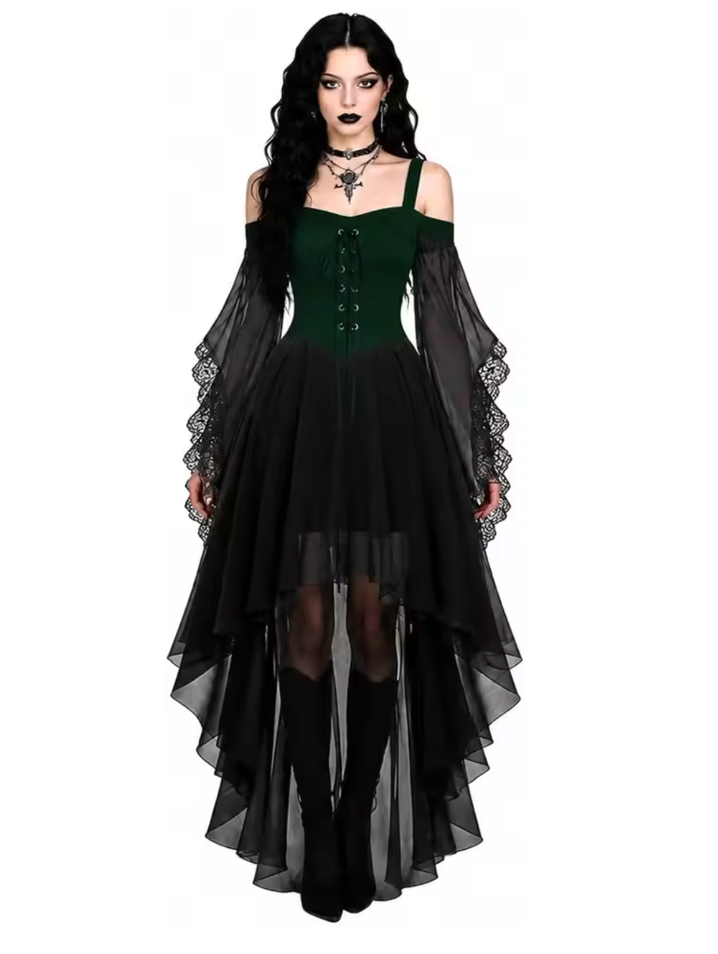 Medieval Gothic Witch Costume Dress with Flowing Butterfly Sleeves and Mesh Fabric