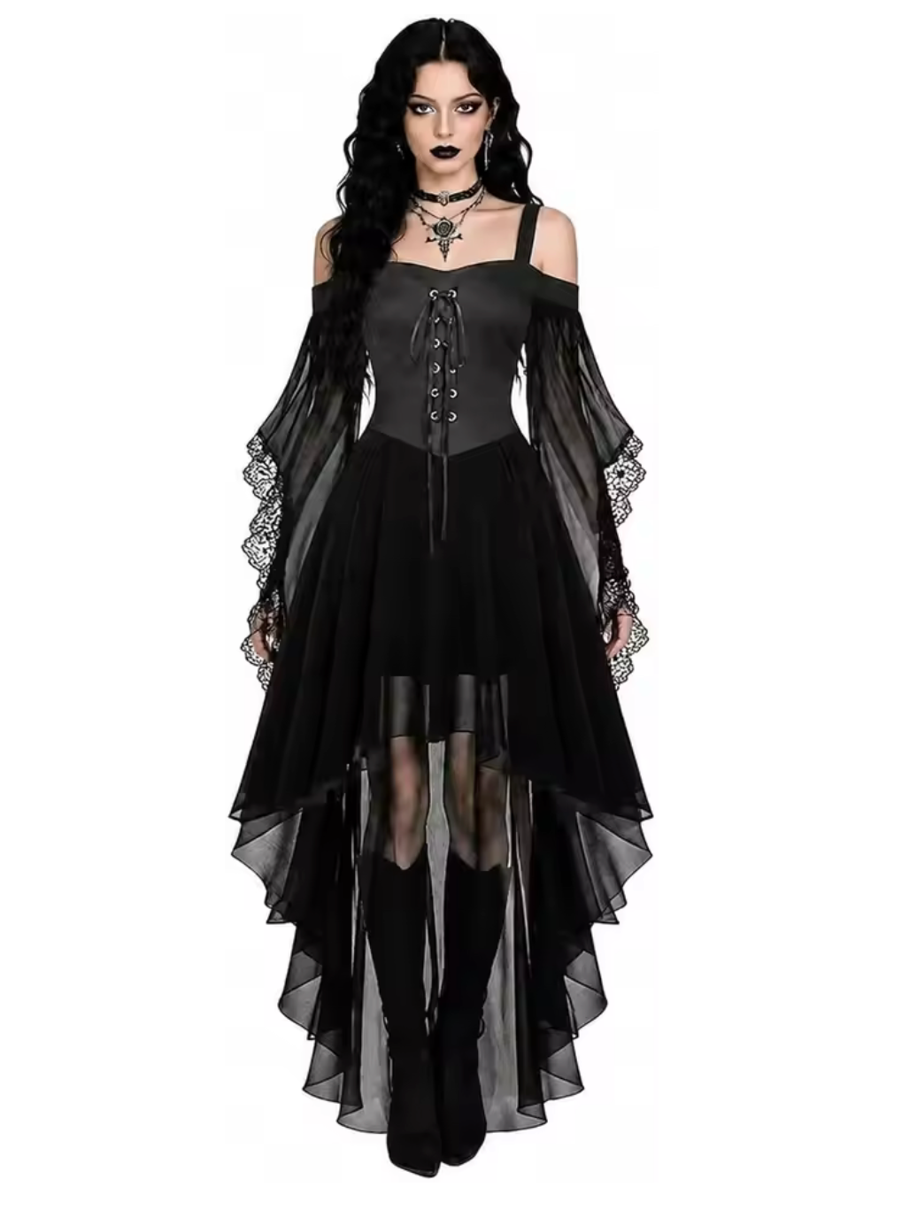 Medieval Gothic Witch Costume Dress with Flowing Butterfly Sleeves and Mesh Fabric