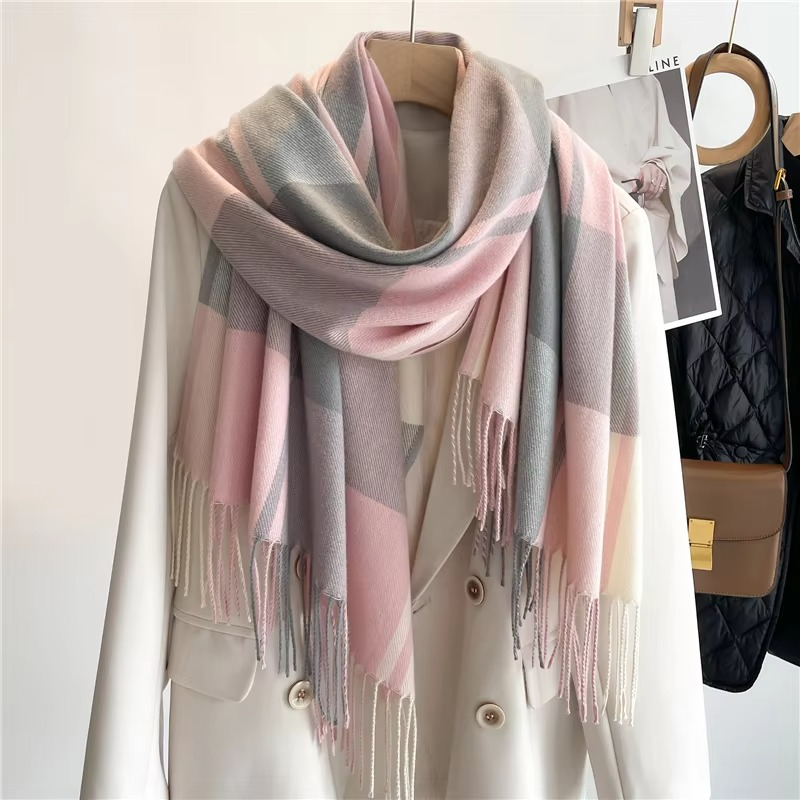 Plaid Winter Scarf with Tassel Fringe and Thick Woven Blend, 78in x 27in