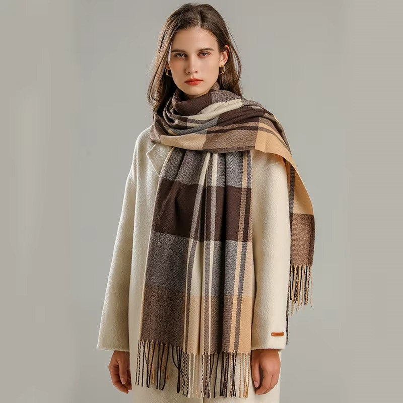 Plaid Winter Scarf with Tassel Fringe and Thick Woven Blend, 78in x 27in