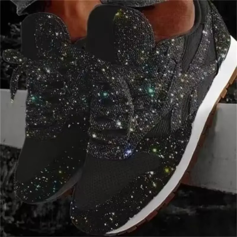 Womens Glitter Sneakers with Mesh Upper and Lace-Up Closure