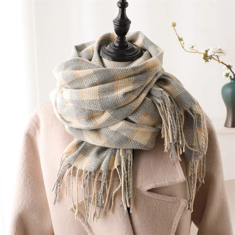 Plaid Winter Scarf with Tassel Fringe and Thick Woven Blend, 78in x 27in