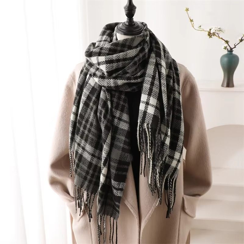 Plaid Winter Scarf with Tassel Fringe and Thick Woven Blend, 78in x 27in