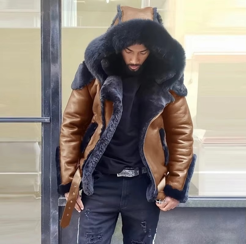 Mens Winter Coat with Wool Lining and Textured Collar, Wind Resistant