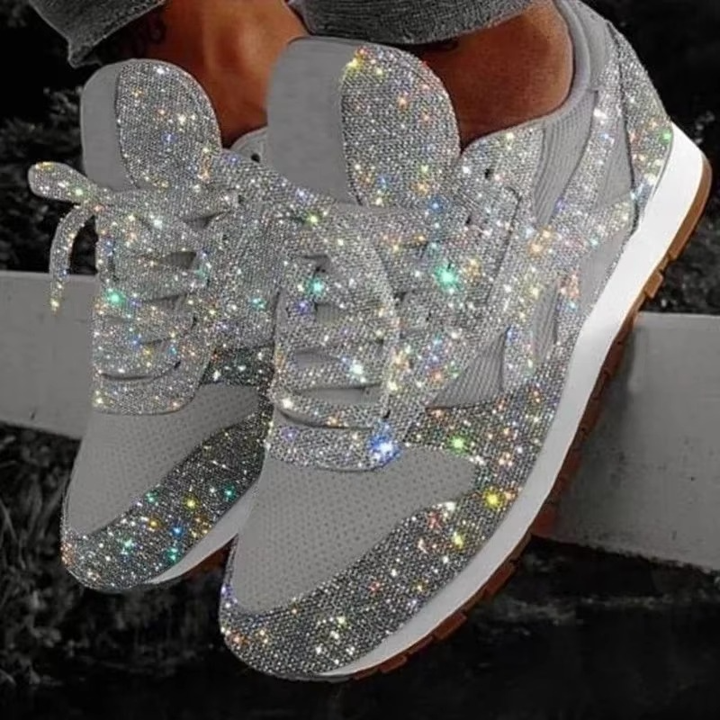 Womens Glitter Sneakers with Mesh Upper and Lace-Up Closure