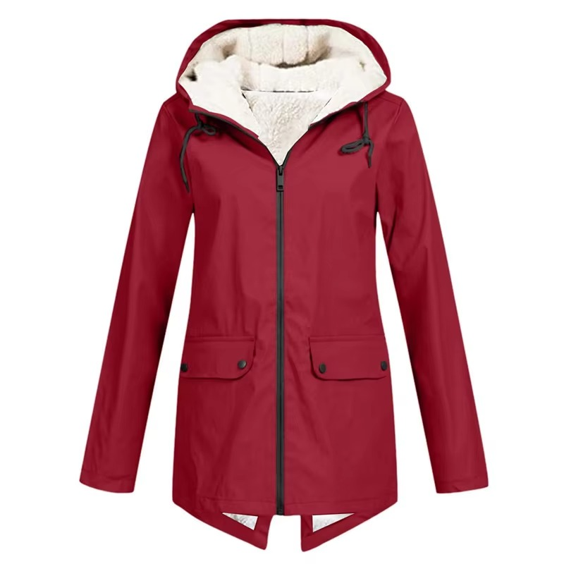 Womens Hooded Rain Jacket with Drawstring Hood and Optional Sherpa Lining