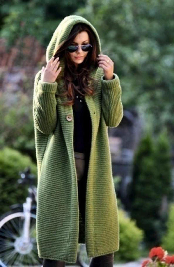 Womens Long Hooded Knit Cardigan with Open Front and Long Sleeves