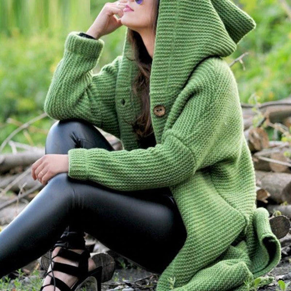 Womens Long Hooded Knit Cardigan with Open Front and Long Sleeves