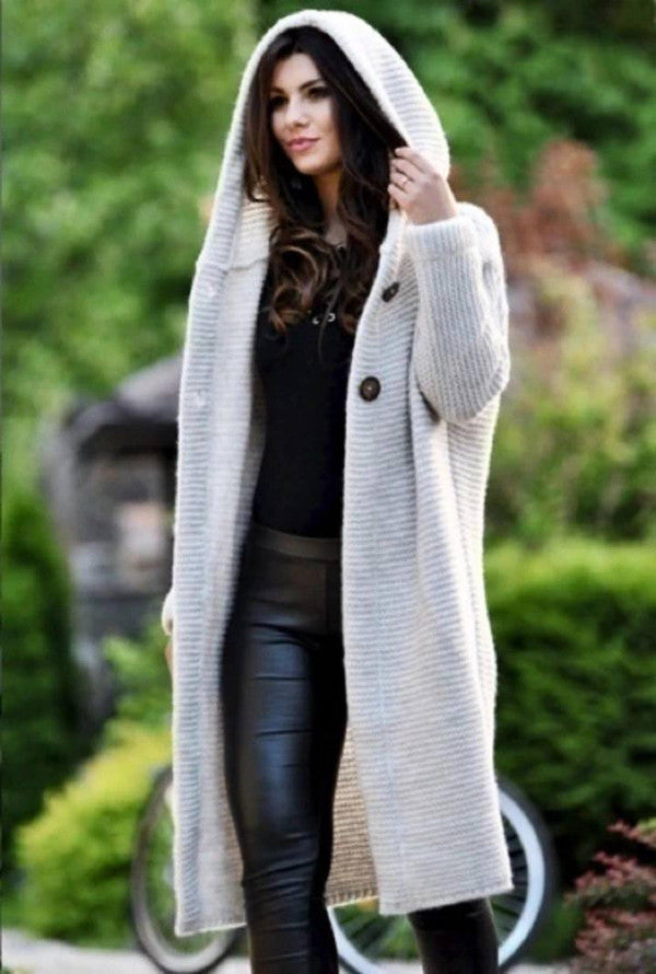 Womens Long Hooded Knit Cardigan with Open Front and Long Sleeves