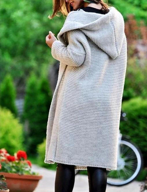 Womens Long Hooded Knit Cardigan with Open Front and Long Sleeves