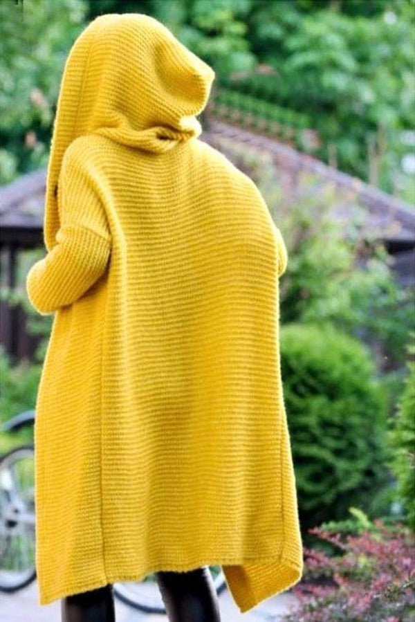 Womens Long Hooded Knit Cardigan with Open Front and Long Sleeves