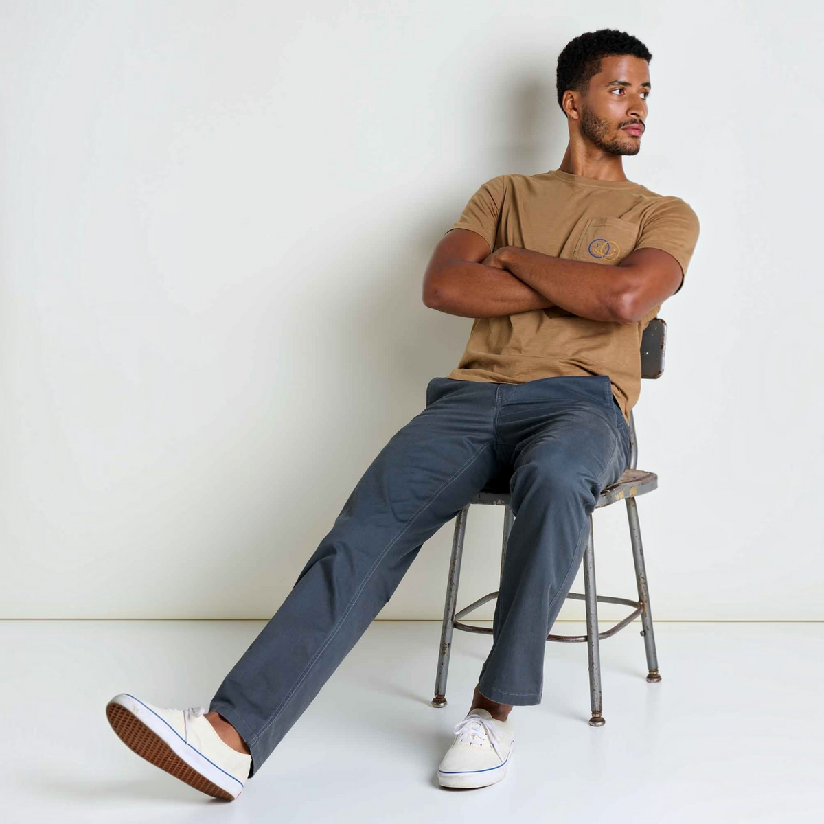 Mens Embroidered Crew T-Shirt Garment-Dyed, Soft Cotton
