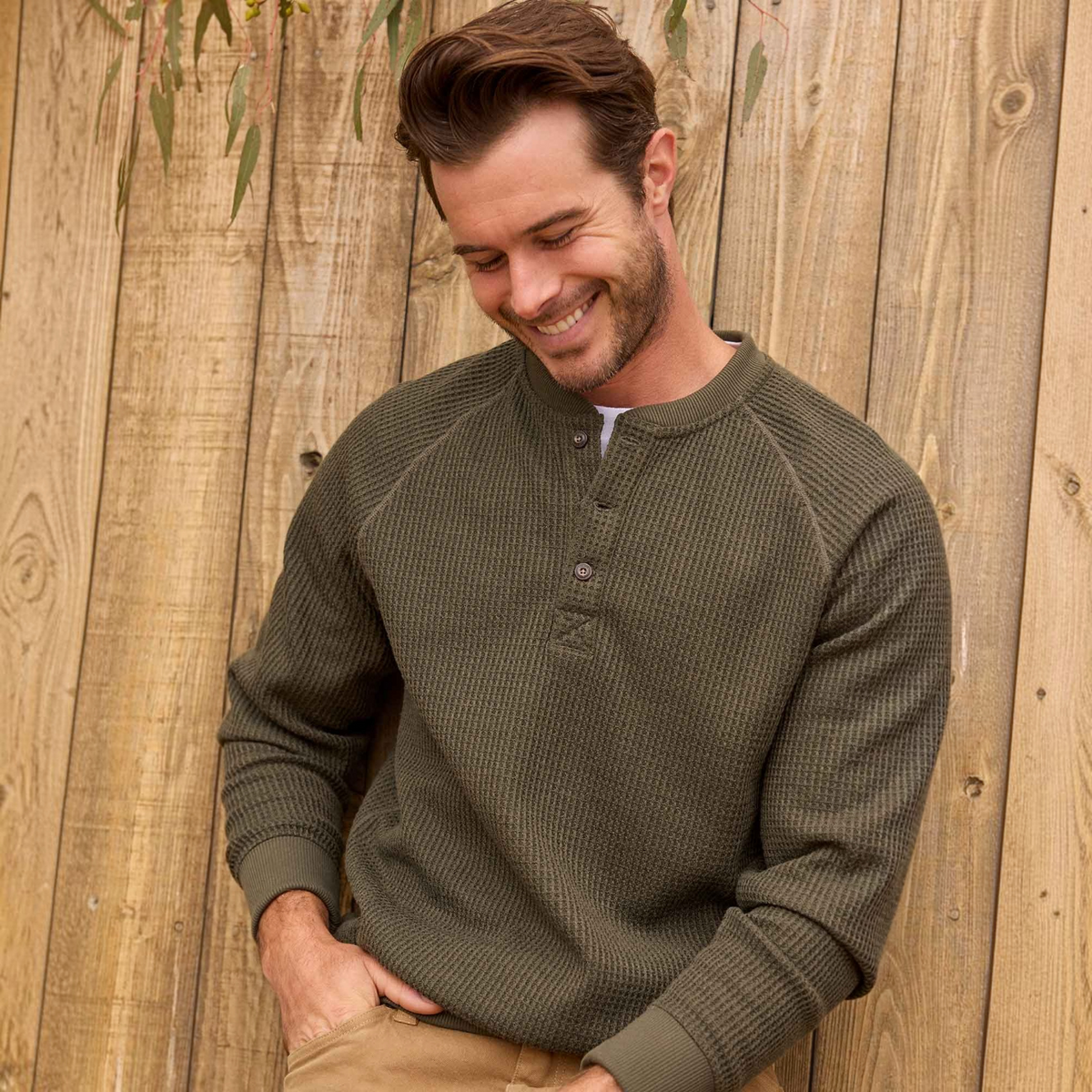 Mens Midweight Henley Shirt Waffle Knit, Breathable
