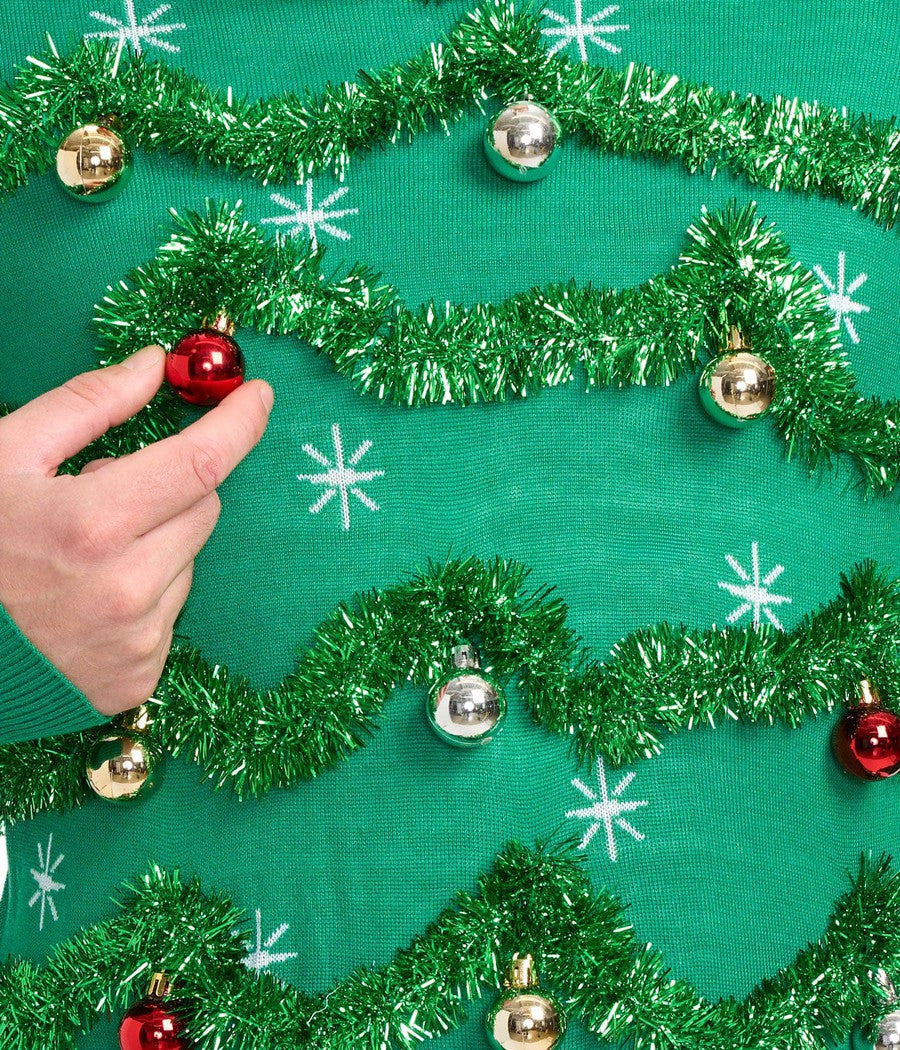 Crew Neck Pullover Sweater with Reflective Baubles and Garland Pattern