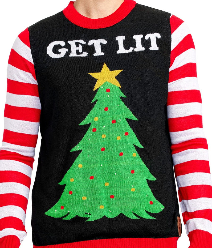 Light Up Christmas Sweater for Men with Battery Powered Tree and Candy Cane Stripes